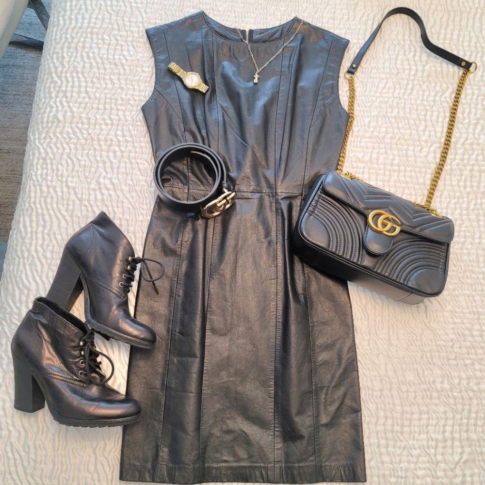 Vintage Ambria 100% Leather Black Mini Dress- Size 4P